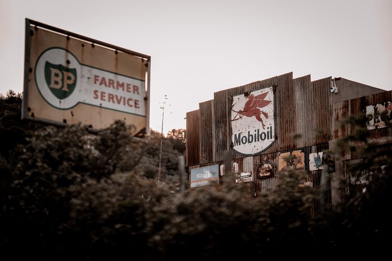 Vintage BP and Mobiloil signs, Barrydale